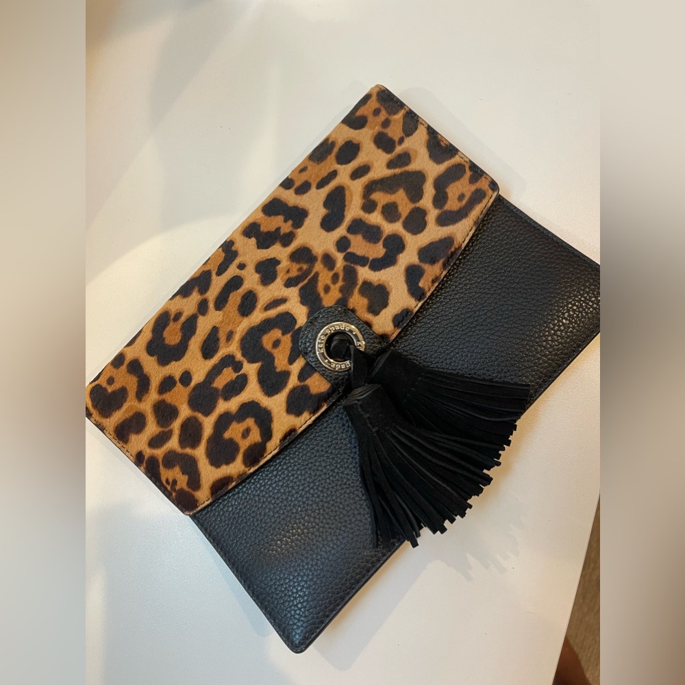 KATE SPADE LEOPARD BLACK ENVELOPE CLUTCH WITH TASSELS - PURSE